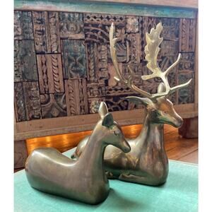 Pair of Vintage Brass Deer Figurines, Buck & Doe Farmhouse Mid Century Christmas